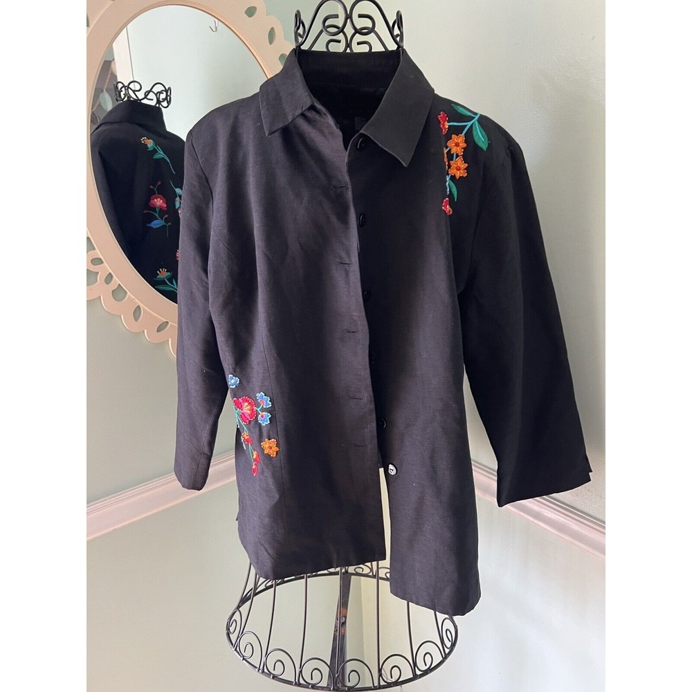 Silk Land Jacket Women large Black 100% Silk Embroidered Floral‎ Button Up